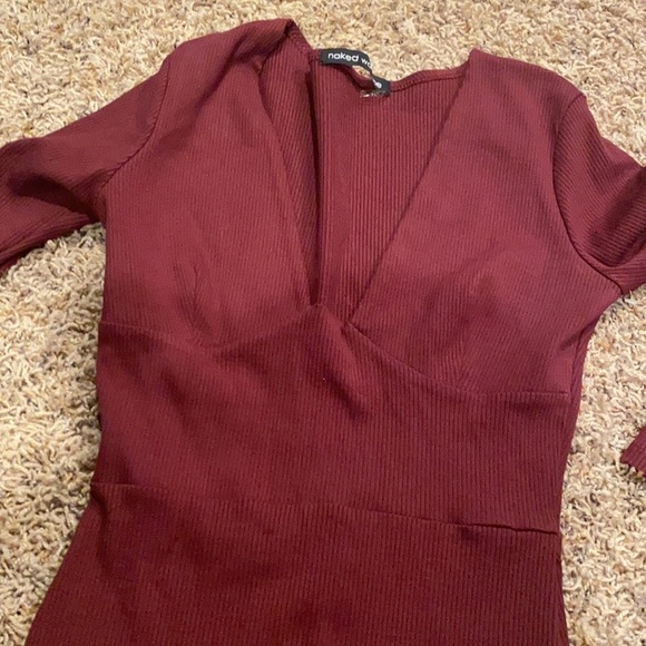 naked wardrobe maroon slimming bodycon long sleeves v neck large - Picture 4 of 7